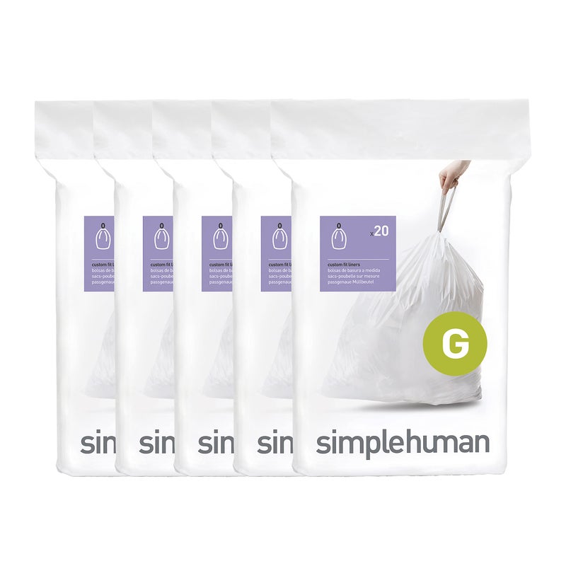 simplehuman Code G 100 Count, Dispenser Pack Custom Fit Liners, Drawstring Trash Bags, 30 Liter / 8 Gallon, White - Image 1
